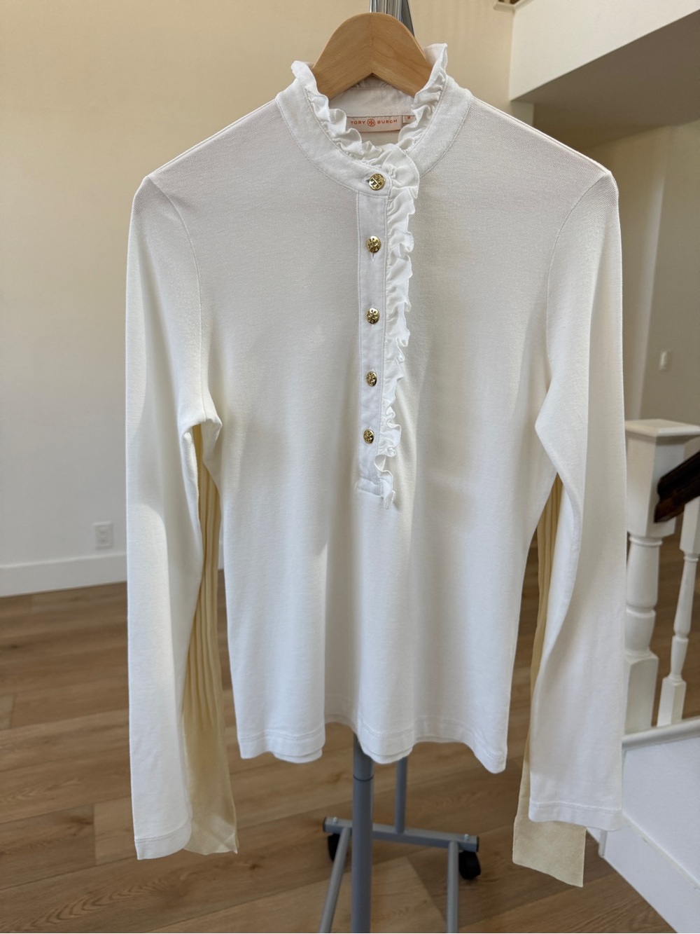 Tory Burch White Ruffle-Placket Long Sleeve Tee